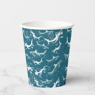 Distressed Blue Shark Pattern Paper Cups