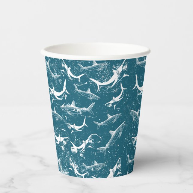 Distressed Blue Shark Pattern  Paper Cups (Front)