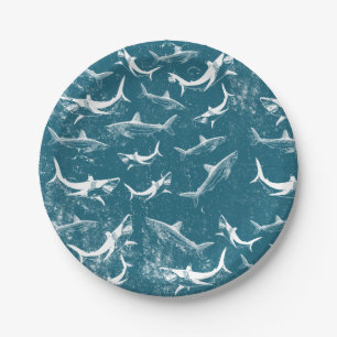 Distressed Blue Shark Pattern  Paper Plate
