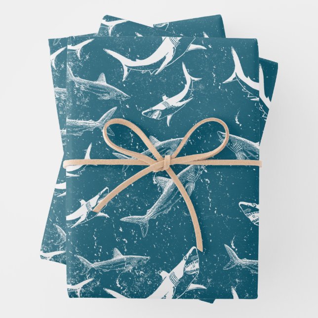 Distressed Blue Shark Pattern Wrapping Paper Sheet (In situ)
