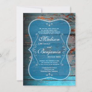 Distressed Blue Wood Rustic Wedding Invitations
