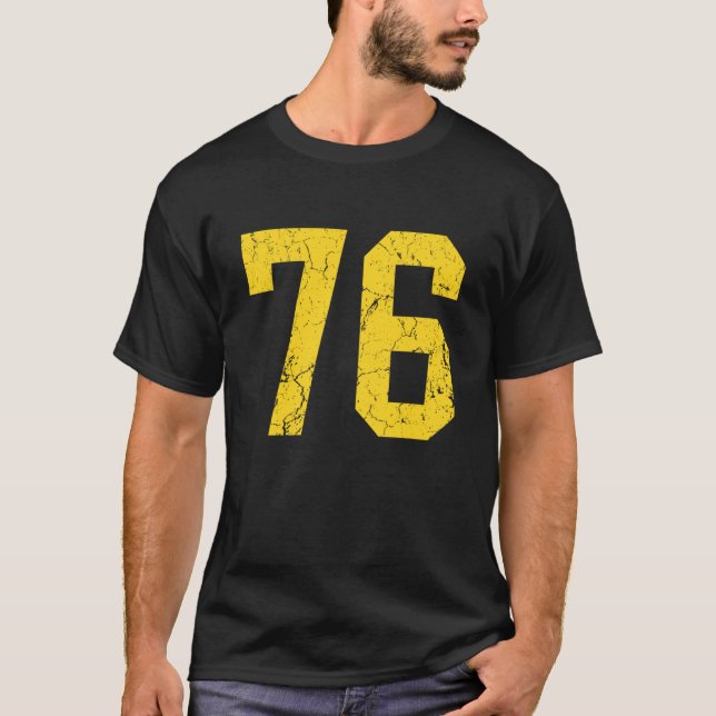Distressed Bright Gold Number 76 Jersey Player Uni T-Shirt (Front)
