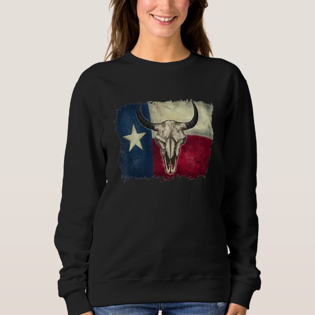 Distressed Bull Skull Texas Flag Patriots Sweatshirt (Front)