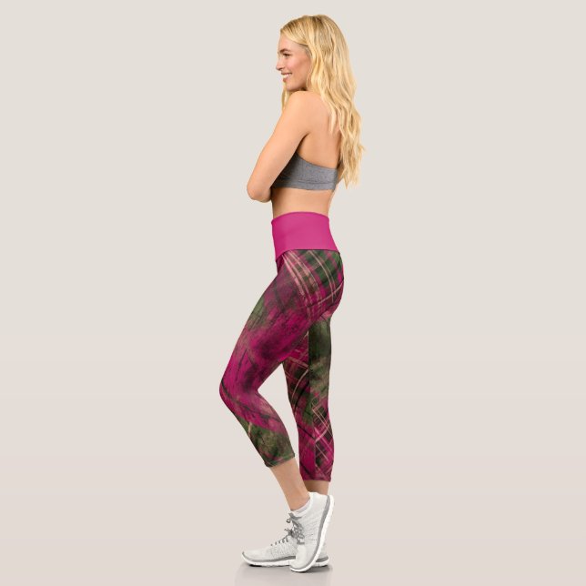  Distressed Burgun Tartan Check Pink Waistband Mix Capri Leggings (Left)