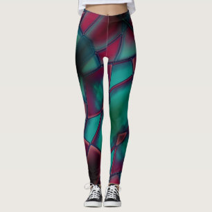 Distressed burgundy and strong cyan in trapezoidal leggings