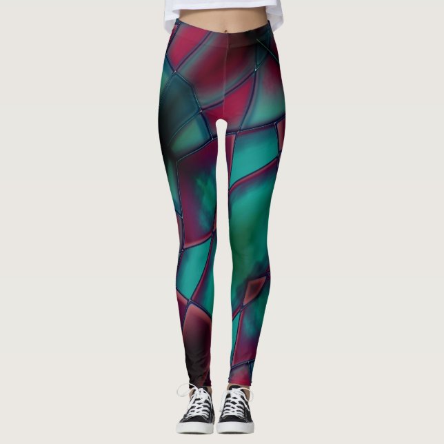 Distressed burgundy and strong cyan in trapezoidal leggings (Front)