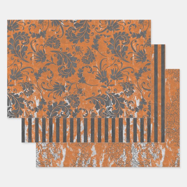 Distressed burnt orange and grey patterned  wrapping paper sheet (Set)