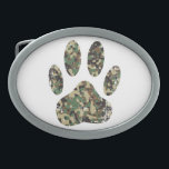 Distressed Camo Dog Paw Print Belt Buckle<br><div class="desc">A camo dog paw print cartoon style with distressed effect applied to image. Custom belt buckles.
Gift idea for dog lovers.</div>