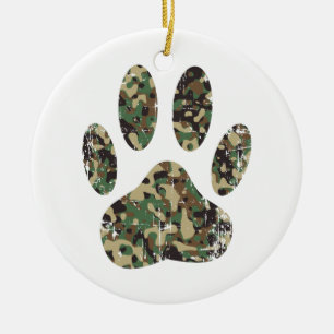 Distressed Camo Dog Paw Print Ceramic Tree Decoration