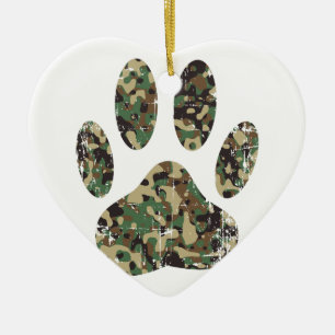 Distressed Camo Dog Paw Print Ceramic Tree Decoration