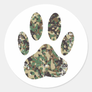 Distressed Camo Dog Paw Print Classic Round Sticker