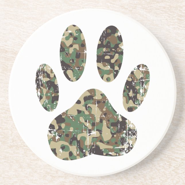 Distressed Camo Dog Paw Print Coaster (Front)