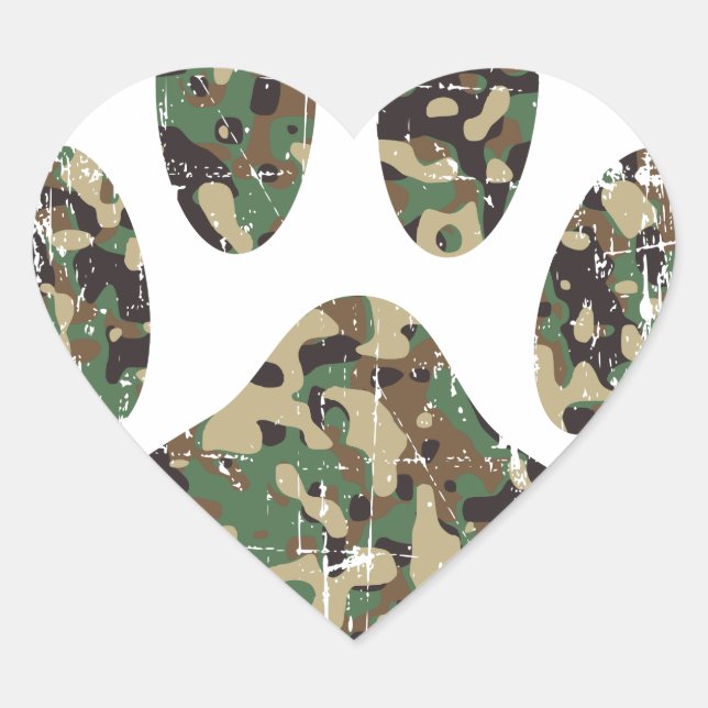 Distressed Camo Dog Paw Print Heart Sticker (Front)