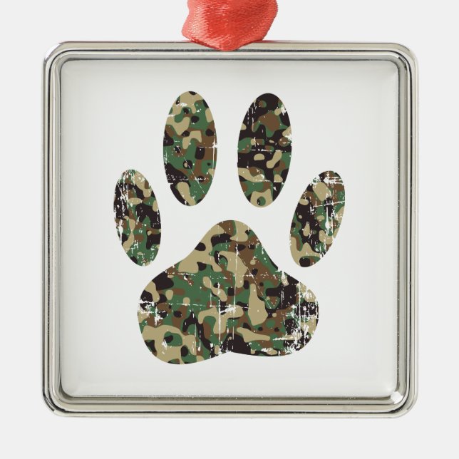 Distressed Camo Dog Paw Print Metal Tree Decoration (Front)