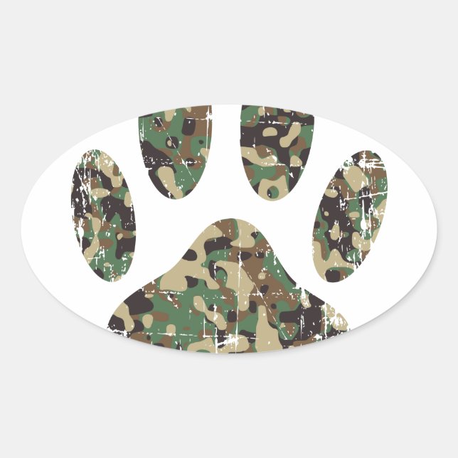 Distressed Camo Dog Paw Print Oval Sticker (Front)