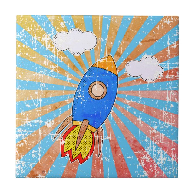 Distressed Cartoon Rocket Retro Sunset Decorative Tile (Front)
