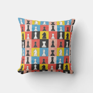 Distressed Chess Pieces Colour Block Chequerboard Cushion
