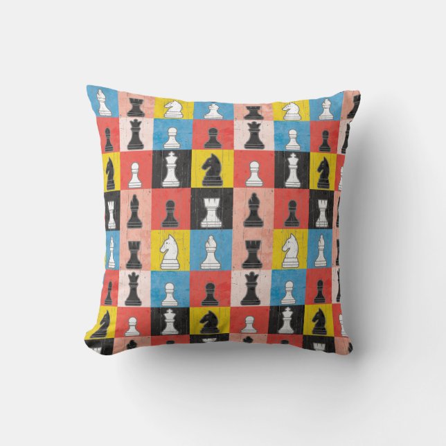 Distressed Chess Pieces Colour Block Chequerboard Cushion (Front)