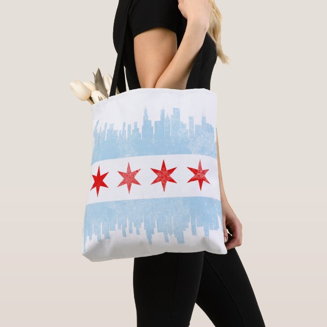 Distressed Chicago Skyline Flag Tote Bag (Close Up)