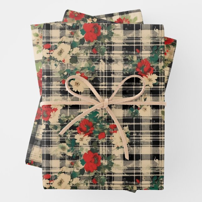 Distressed Christmas Plaid Florals Black Red Beige Wrapping Paper Sheet (In situ)