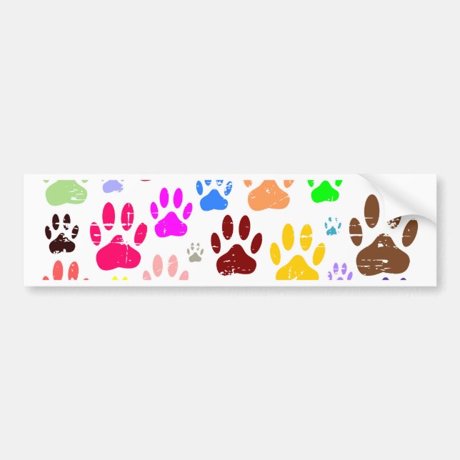Distressed Colourful Dog Paw Prints Bumper Sticker (Front)