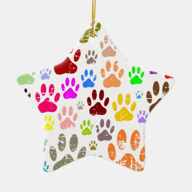 Distressed Colourful Dog Paw Prints Ceramic Tree Decoration (Front)