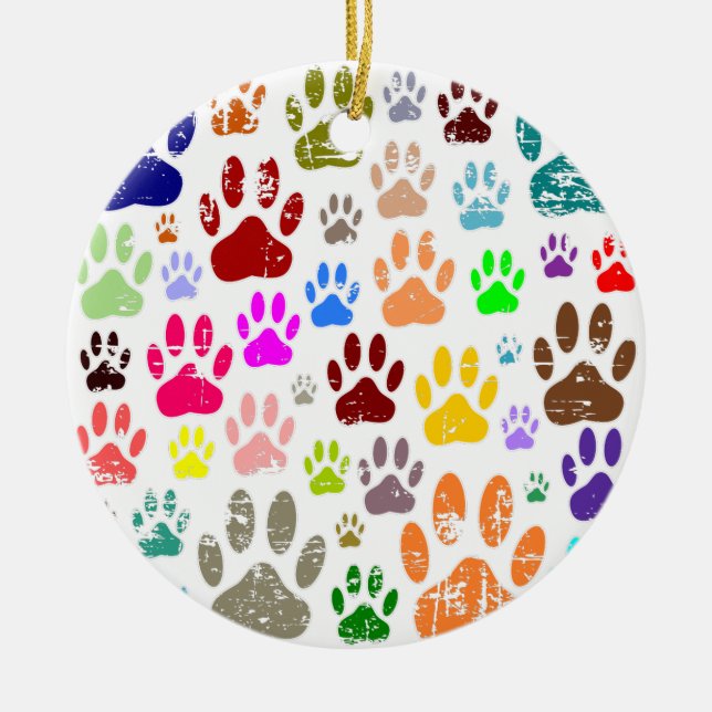 Distressed Colourful Dog Paw Prints Ceramic Tree Decoration (Front)