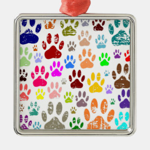 Distressed Colourful Dog Paw Prints Metal Tree Decoration