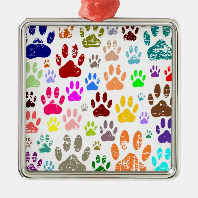 Distressed Colourful Dog Paw Prints Metal Tree Decoration (Front)