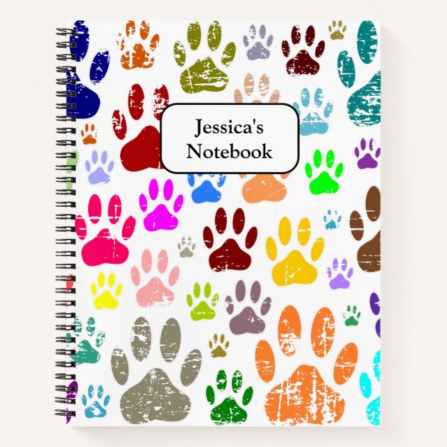 Distressed Colourful Dog Paw Prints Notebook (Front)
