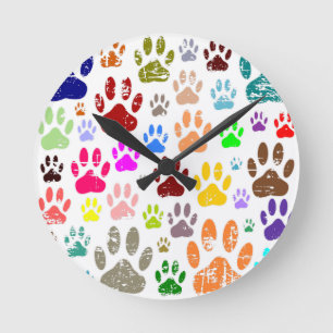 Distressed Colourful Dog Paw Prints Round Clock