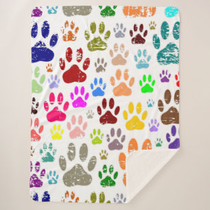 Distressed Colourful Dog Paw Prints Sherpa Blanket