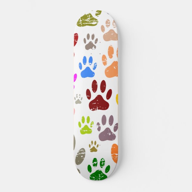 Distressed Colourful Dog Paw Prints Skateboard (Front)