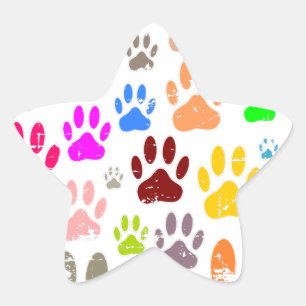 Distressed Colourful Dog Paw Prints Star Sticker
