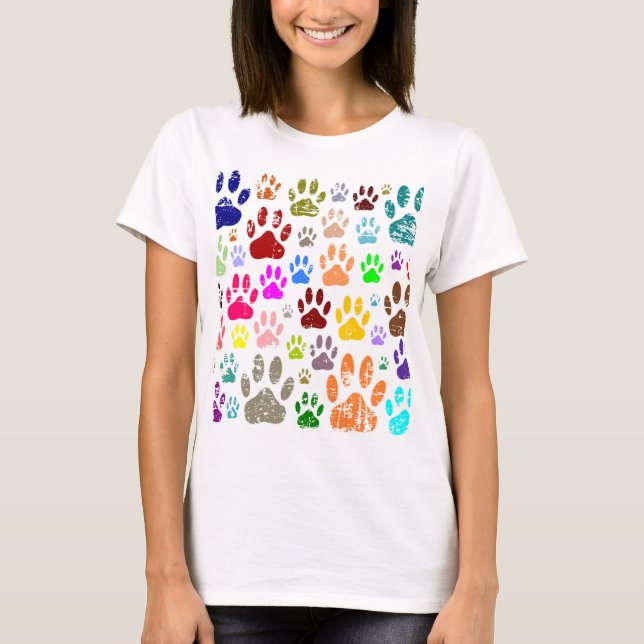 Distressed Colourful Dog Paw Prints T-Shirt (Front)