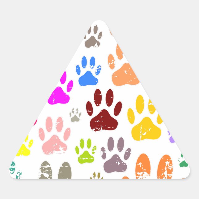 Distressed Colourful Dog Paw Prints Triangle Sticker (Front)