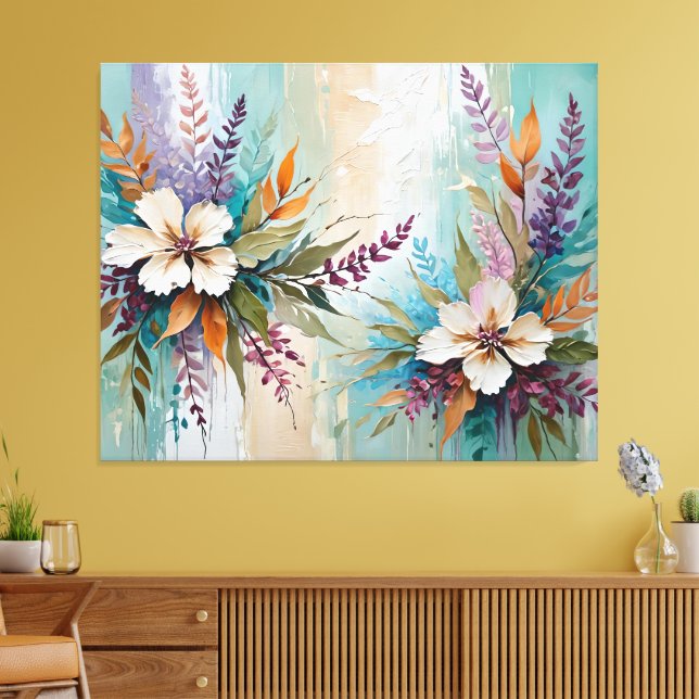 Distressed Colourful Floral on Blue Beige White Canvas Print (Insitu(LivingRoom))