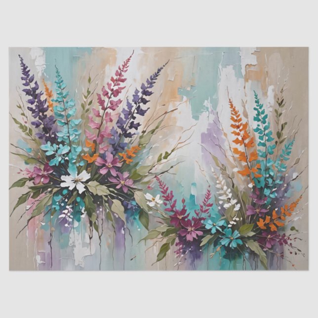 Distressed Colourful Floral on Blue Beige White Tissue Paper (Front)