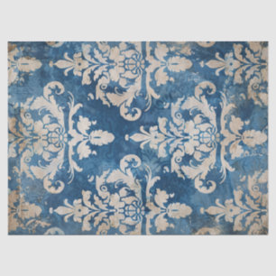 Distressed Damask Blue and Yellow Decoupage Tissue Paper