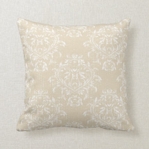 Distressed Damask / Jacquard Throw Pillow - Tan