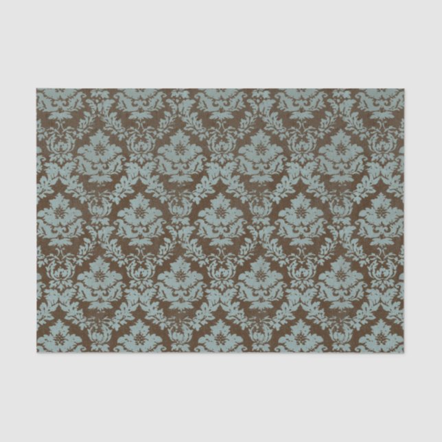 Distressed Damask Teal on Brown Floral Tissue Paper (Front)