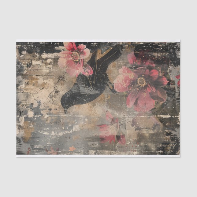 Distressed Dark Floral Raven Decoupage Tissue Paper (Front)