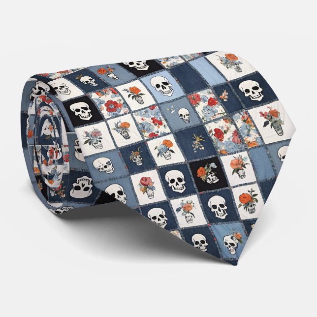 Distressed Denim Patchwork Skulls Floral Tie (Rolled)