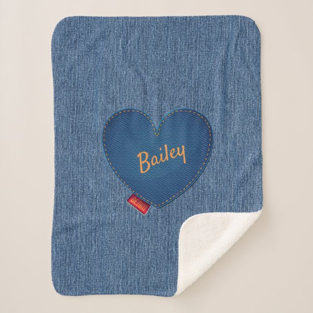 Distressed Denim Pattern Gold Personalised Heart Sherpa Blanket (Front)
