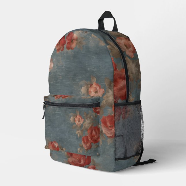 Distressed Denim Print and Red Roses Printed Backpack (Back Corner Right)