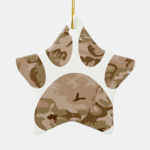 Distressed Desert Camo Dog Paw Print Ceramic Tree Decoration