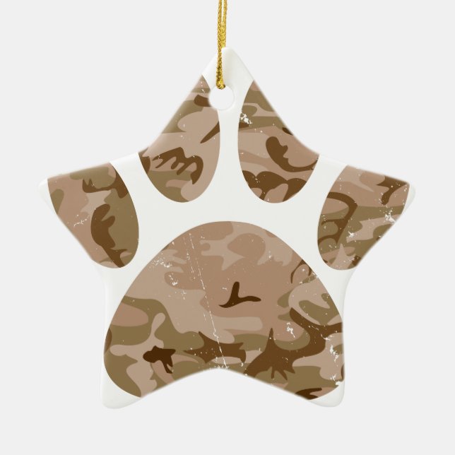 Distressed Desert Camo Dog Paw Print Ceramic Tree Decoration (Front)