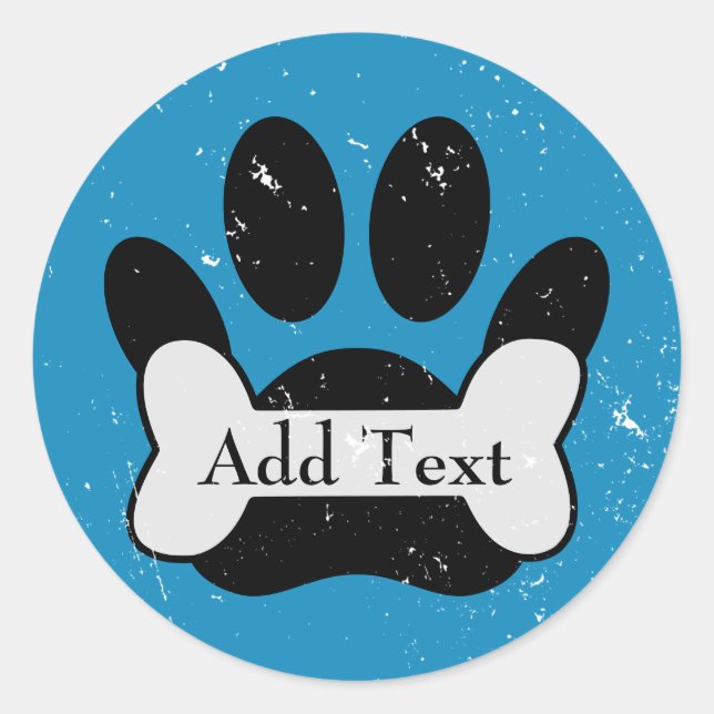 Distressed Dog Paw Print And Bone On Baby Blue Classic Round Sticker (Front)