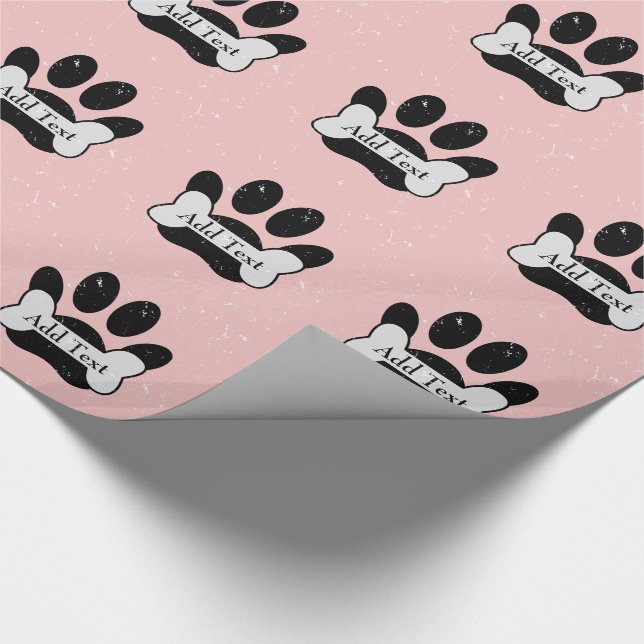 Distressed Dog Paw Print And Bone On Baby Pink Wrapping Paper (Corner)