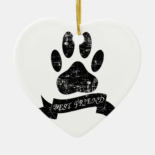 Distressed Dog Paw With Ribbon Ceramic Tree Decoration (Front)